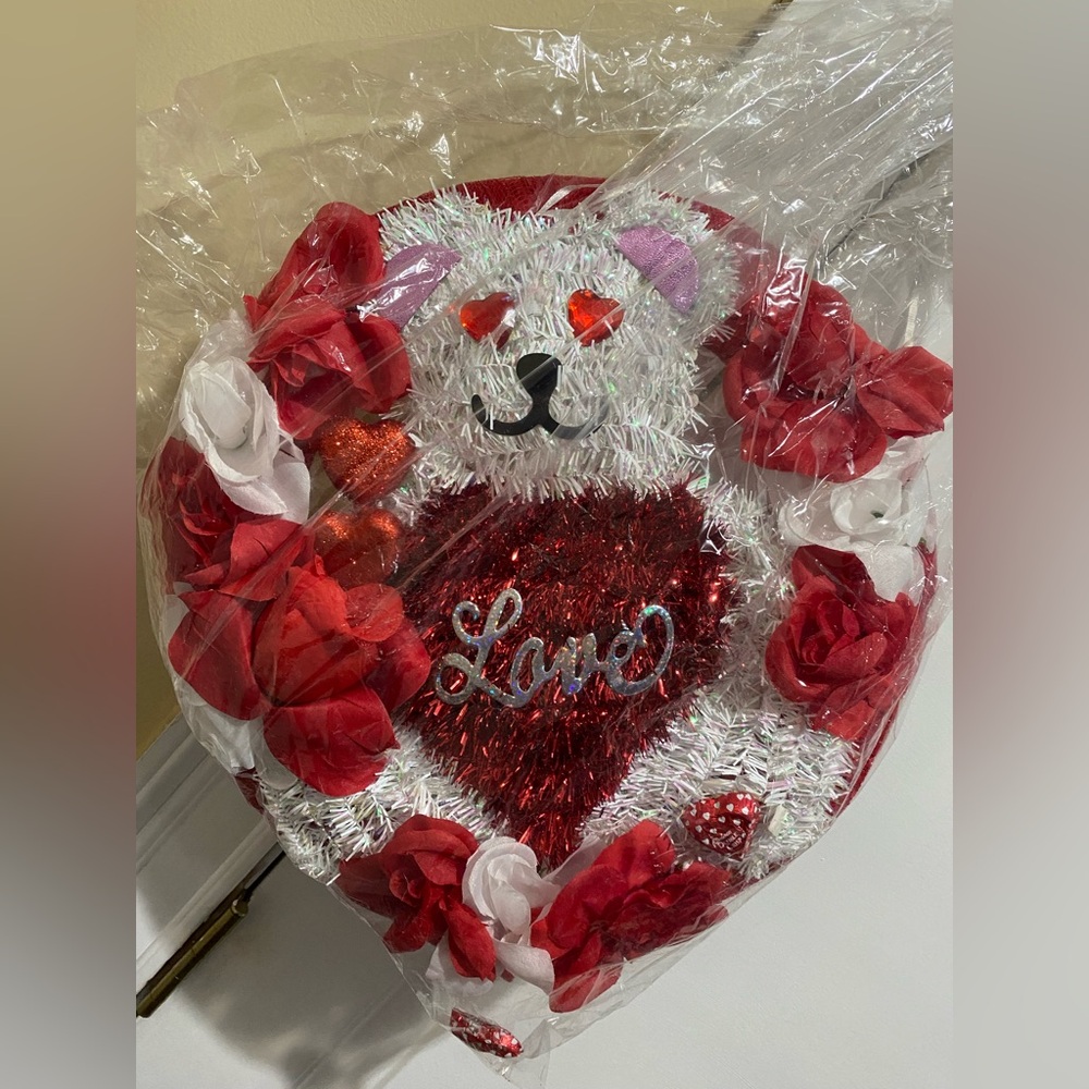 Handmade Valentines Day Bear Wreath Purple & White or Red & White
